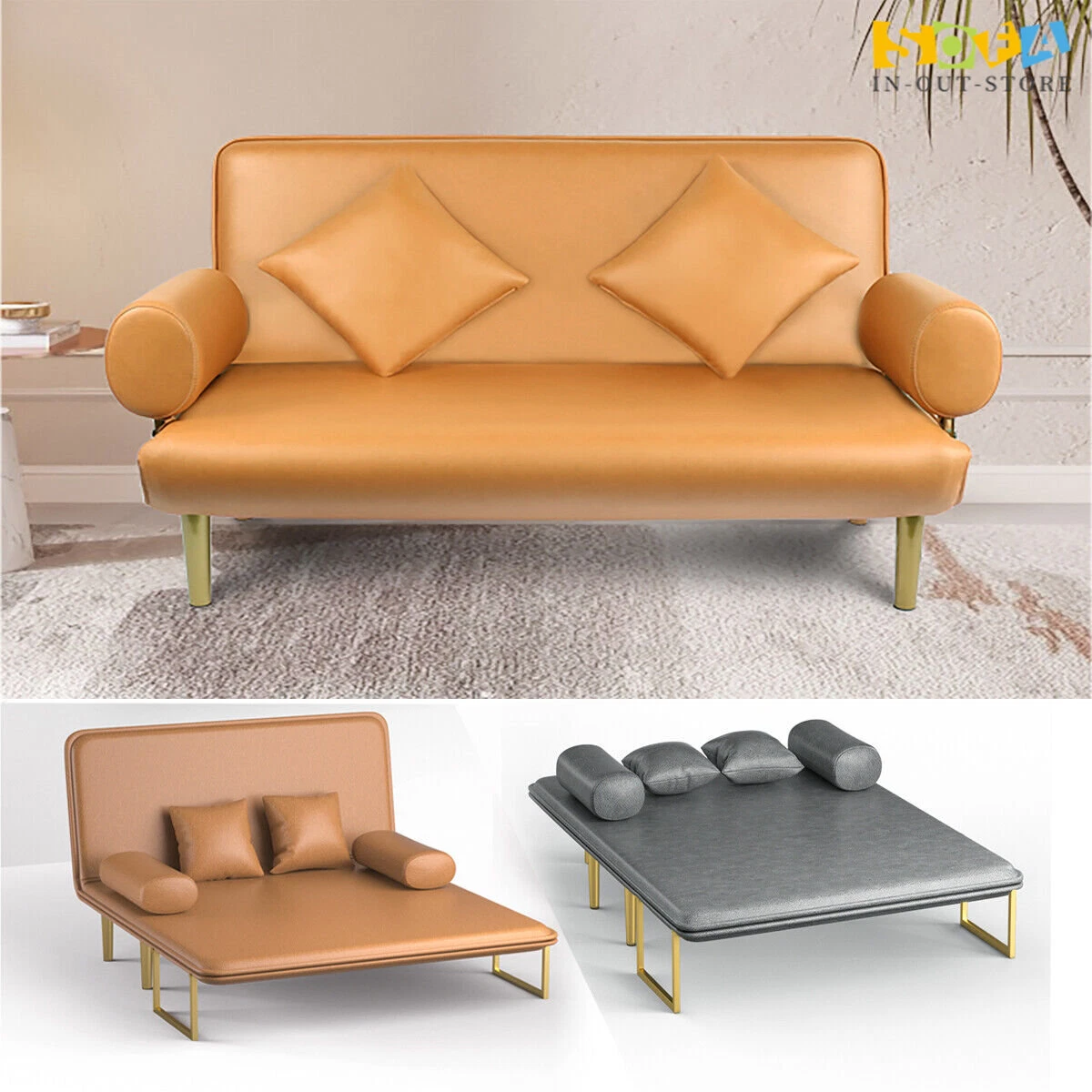 74 in Leather Futon Sofa Bed Foldable Loveseat Chaise Couch Sleeper Sofa Chair