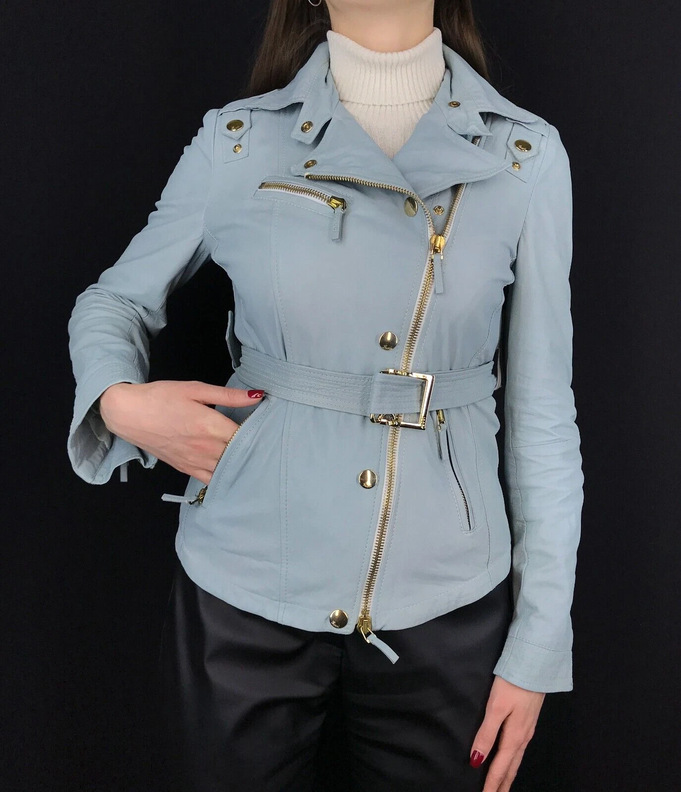 Veste de motard femme GUCCI par Tom Ford en cuir ceinture bleu clair taille 42