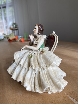 German Dresden Lace Porcelain Seated Girl Figurine 1940s | eBay