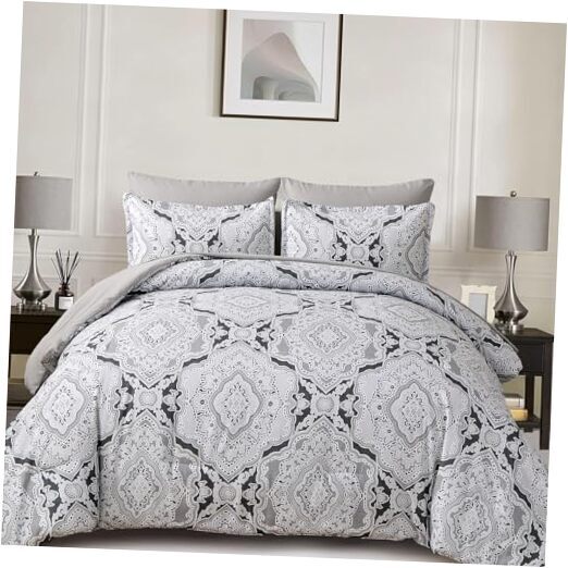 Comforter Set Size,7 Pieces Bed in a Bag Boho Damask Pattern Queen Grey-image