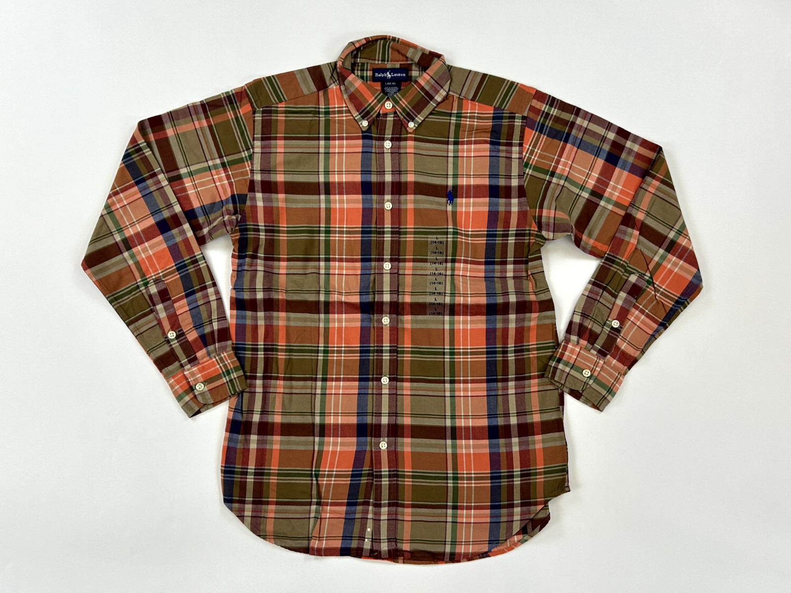 Рубашка Polo Ralph Lauren для мальчиков с длинным рукавом на пуговицах - Оранжевая основа - Размер 14/16