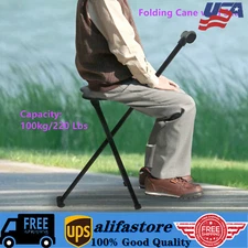 Black Folding Multifunctional Cane Chair Walking Stick with Stool Crutch 113kg