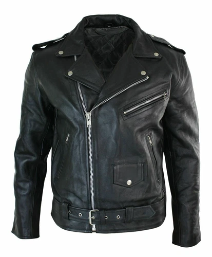 Men's Motorcycle Leather jacket Genuine Buffalo Skin Brando Style Black Biker image 3