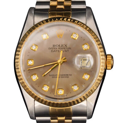 Rolex Datejust 16233 Mens 2Tone 18K Gold & Steel Watch with FACTORY Diamond Dial