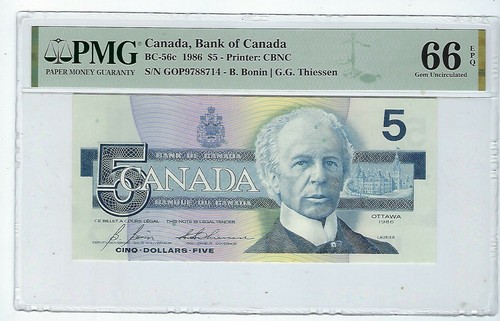 Banconota Bank of Canada 1986 $5 BC-56c PMG 66 EPQ prefisso GOP-  - Foto 1 di 2