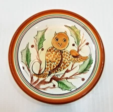 Vintage Hand Painted Ceramic Mini Owl Plate Wall Hanging Hand Made Greece 4 5/8"