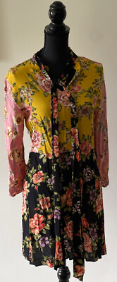 ZARA Mini Kleid kurz Langarm Gr. M Schleife Patchwork Blumen Rosen geblümt bunt