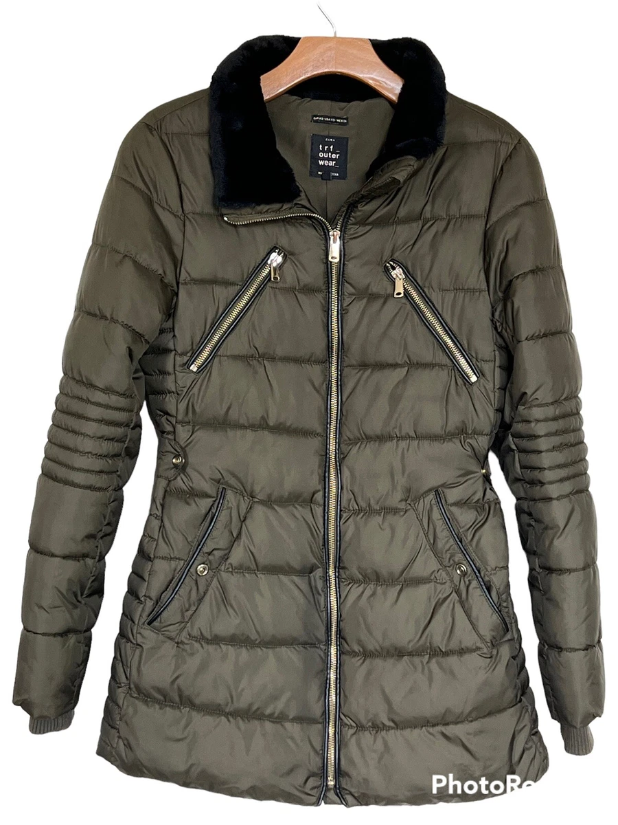 Zara Trf Outerwear Puffer Coat Jacket Size XS Pockets Full Zip Dark Olive Green