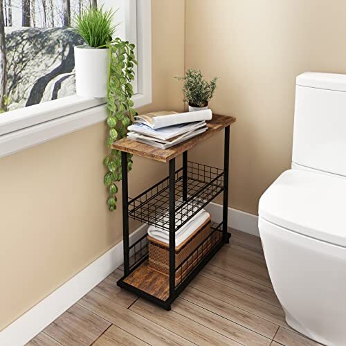 Side Table, 3-Tier End Table, Narrow Sofa Table Bedside Table, W/ Fence Brown - Picture 7 of 7