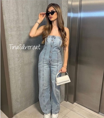 ZARA WOMAN TRF STRAPLESS DENIM JUMPSUIT BLUE 8197/059 SIZE MEDIUM - Picture 2 of 24