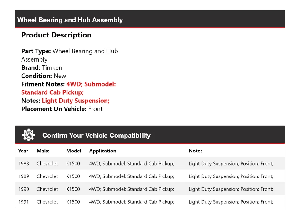 Conjunto de cojinete de rueda y buje delantero Timken 1989 para Chevrolet K1500 1988-1991 Foto 2 de 4
