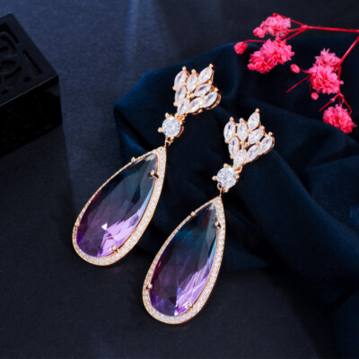 Yellow Gold Plated CZ Rainbow 925 Silver Bridal Wedding Long