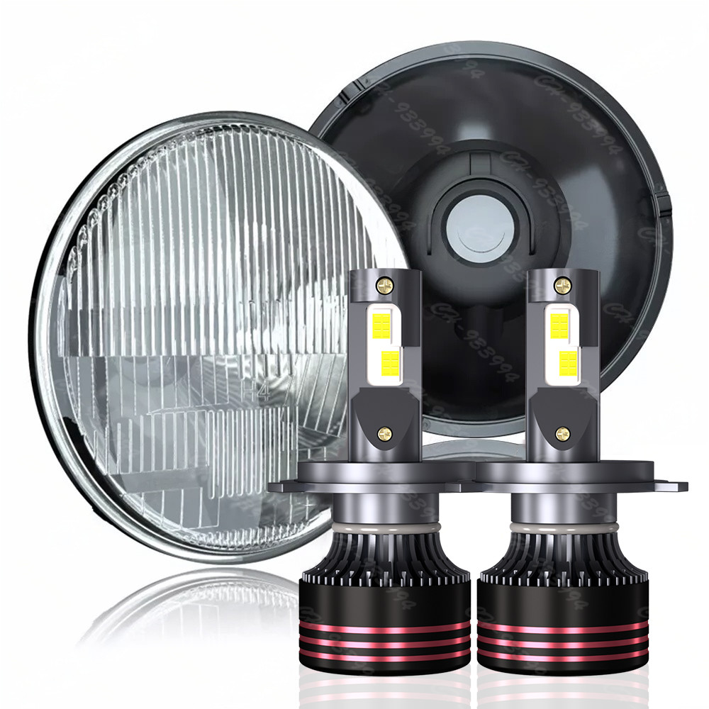 7" Stock Glass Lens Metal Headlight 6v 6-Volt 6k LED H4 Light Bulb Headlamp Pair