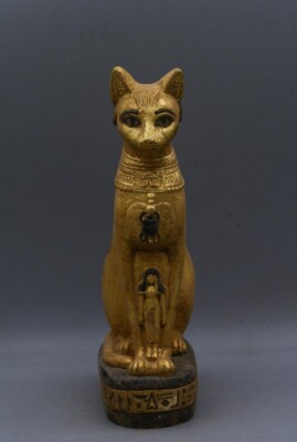 Unique statue of goddess Bastet cat gold leaf heavy stone made in Egypt