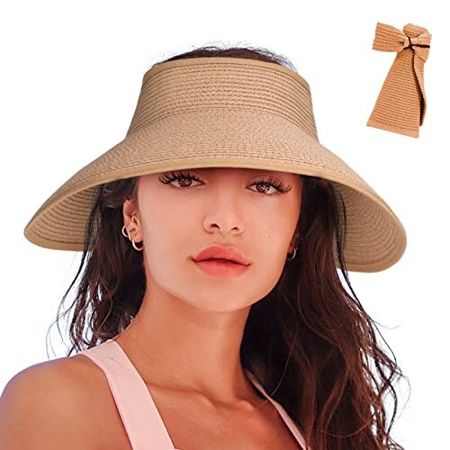 Women's Sun Visor Hats Wide Brim Straw Beach Hat Ponytail Hats for