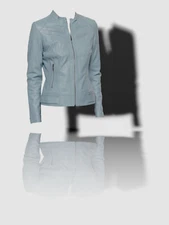 $445 Neiman Marcus Women's Blue Leather Zip-Front Moto Coat Jacket Size XL