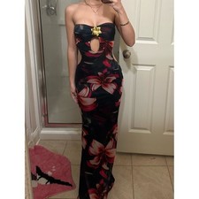 Fashion Nova Black Strapless Floral Maxi Dress with Gold Accent