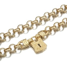 18K GL Thick Solid Belcher Yellow Gold Necklace Antique Style Keyhole Padlock