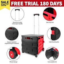 Folding Boot Cart Shopping Trolley, Storage Box Wheels Crate Heavy Duty 40KG MAX