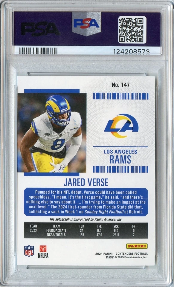 2024 Panini Contenders Jared Verse Rookie RC Ticket Auto #147 PSA 10 RAMS - Image 2 of 2
