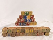 Vintage Wooden Alphabet Blocks ABC Picture Toy Set 44 Nursery Rhyme Animals