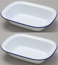 2 Falcon 18cm Oblong Enamel Pie Dish Non Stick Oven Baking Dish White Blue Rim