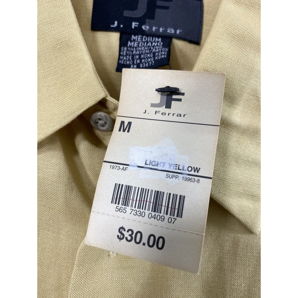 Vtg J Ferrar Shirt Men Medium Butter Yellow Linen Blend Rockabilly Hong Kong NOS - Image 4 of 4