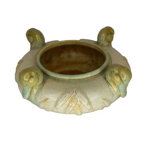 SCARCE WELLER PATRICIA CRYSTALLINE GLAZE BOWL WITH DUCK HEADS AS IS