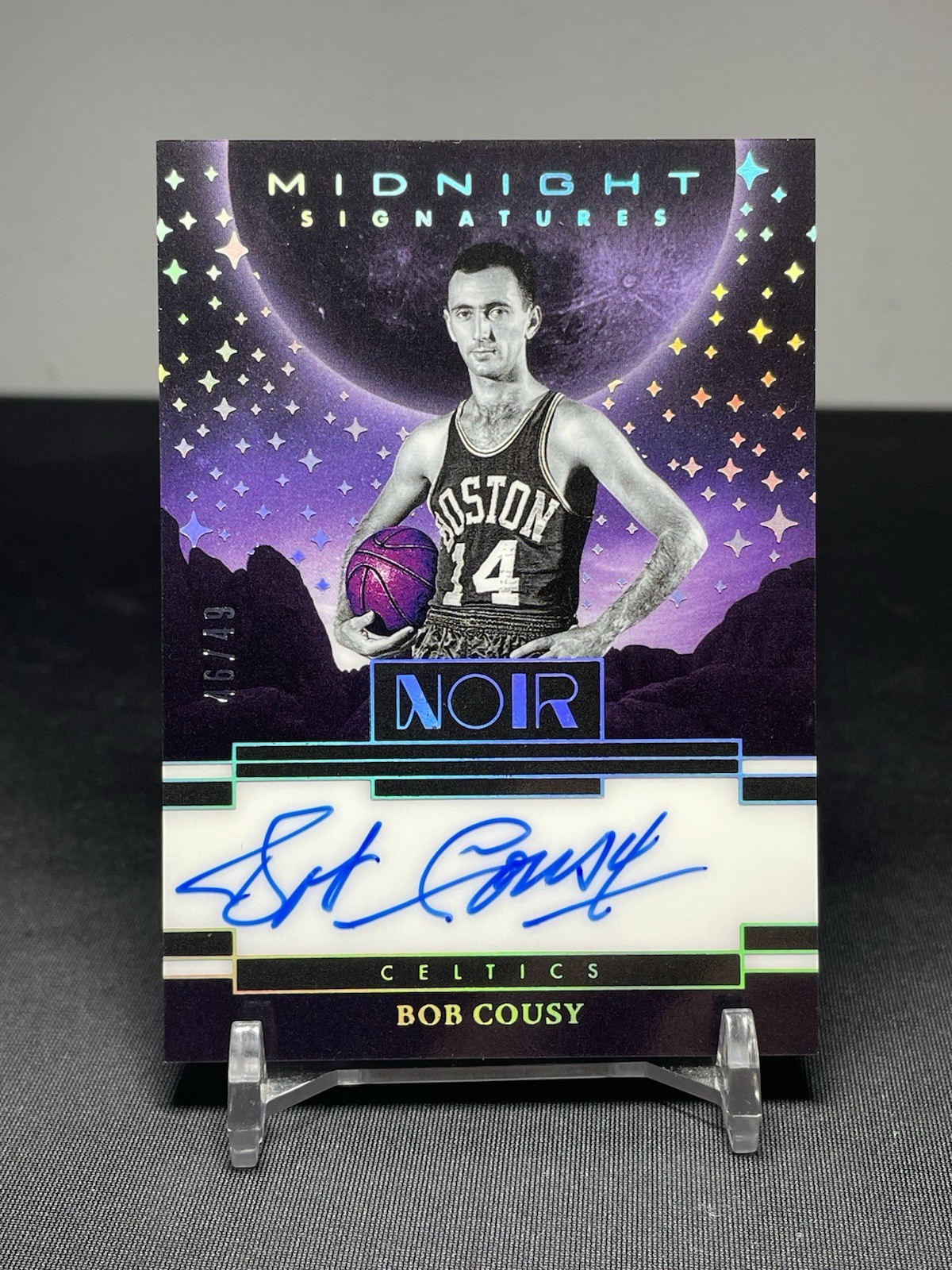 Bob Cousy #13 Basketball Cards 2024 Panini Noir Midnight Signature trading card — raw and PSA graded price guide