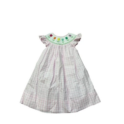 Poppy Kids Co Pink Gingham Smocked Tulip Bishop Dress Girls Size 5 Easter Spring