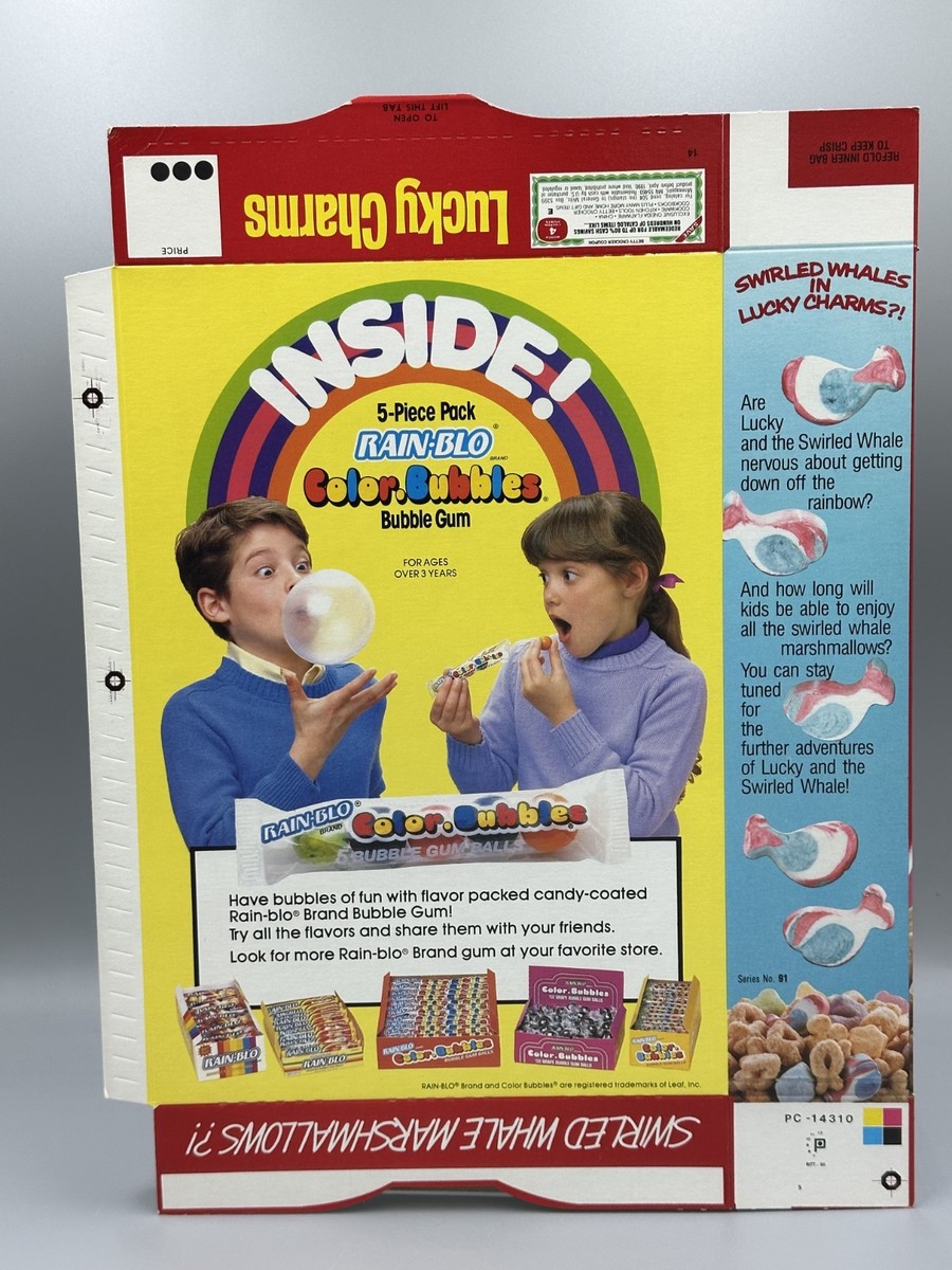 1987 LUCKY CHARMS Cereal Box SWIRLED WHALES Rain-Blo BUBBLE GUM