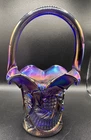 Fenton Cobalt Iridized Carnival Glass 7" Basket with Pinwheel pattern EUC