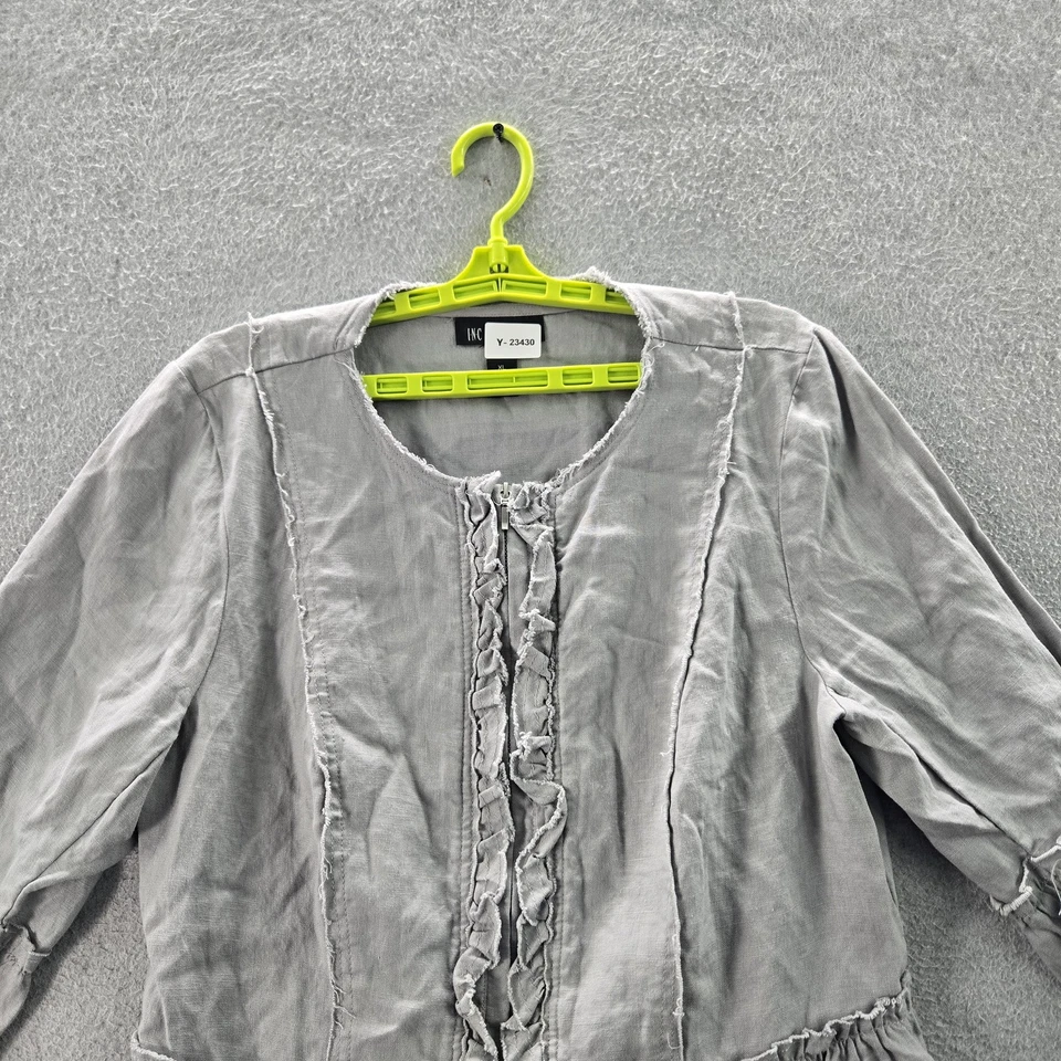 Blusa INC Mujer XL Gris Lino Volantes Boho Redonda Vampiro Foto 3 de 4