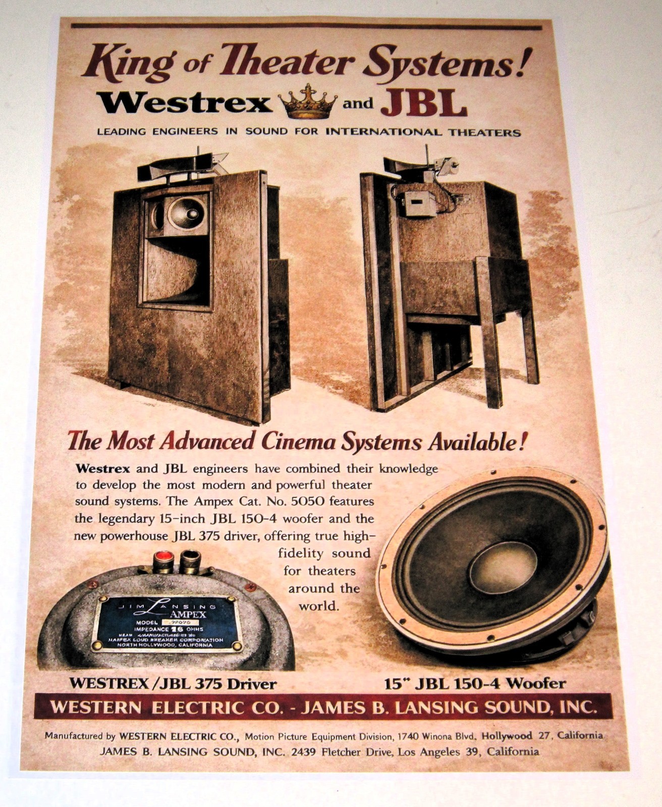 JBL + Westrex 375 Horn, 150-4 Woofer Poster 19" x 13" King of the Theater!