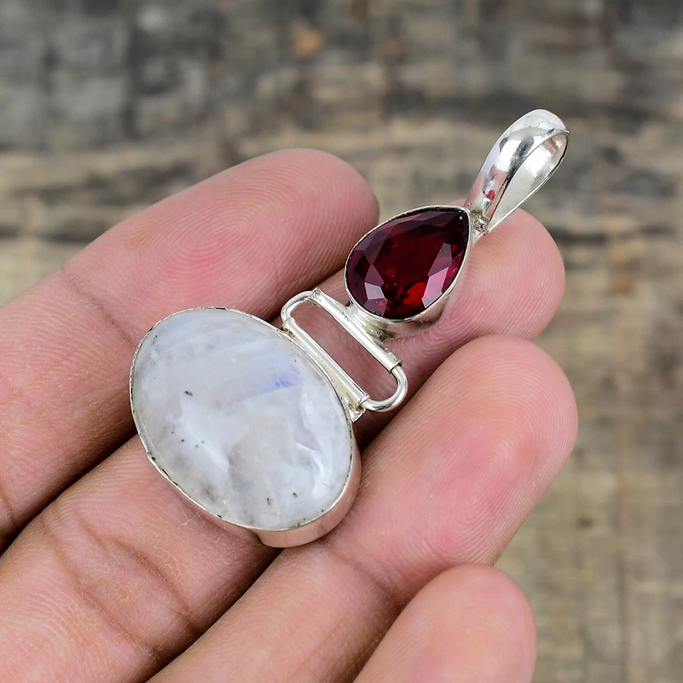 Pietra di Luna E Granato Fatto a Mano 925 Argento Sterling Ciondolo Gioielli Per - Immagine 3 di 4
