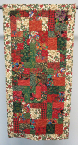 Christmas Quilt 22 x 46 In Table Topper Wall Hanging Handmade Red Green Colorful - Picture 1 of 9