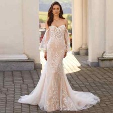 Mermaid Wedding Dresses Detachable Puff Sleeves Sweetheart Appliques Bridal Gown