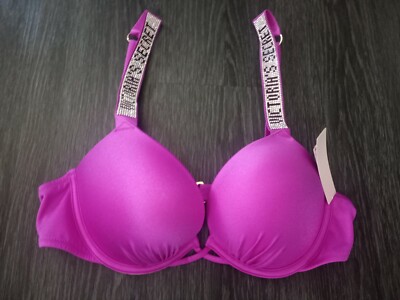 VS rhinestone logo shine strap bombshell  push up swim top NEW 34A magenta 