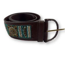 Chico's Womens Brown Green Tribal Embellished Genuine Leather Belt D Buckle