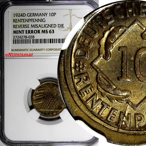 Germany - Weimar Republic 1924 D 10 Rentenpfennig NGC MINT ERROR MS63 KM# 33 (8)
