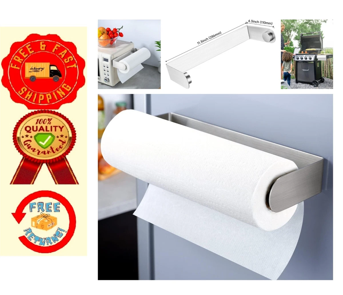 Silver Magnetic Paper Towel Holder w Powerful Magnetic Backing