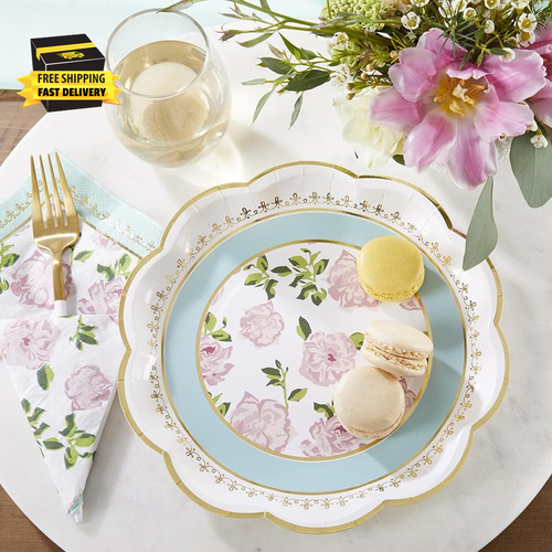 Vintage Floral Tea Party 9 in Premium Floral Paper Plates Blue (Set of 16), One - Picture 2 of 6