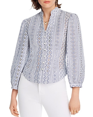LINI Button Down Embroidered Blouse Women's M Blue Stripe Button Closure L/S