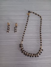 Gold-Tone Clear Rhinestone Black Bead Necklace And Dangle Earrings Set