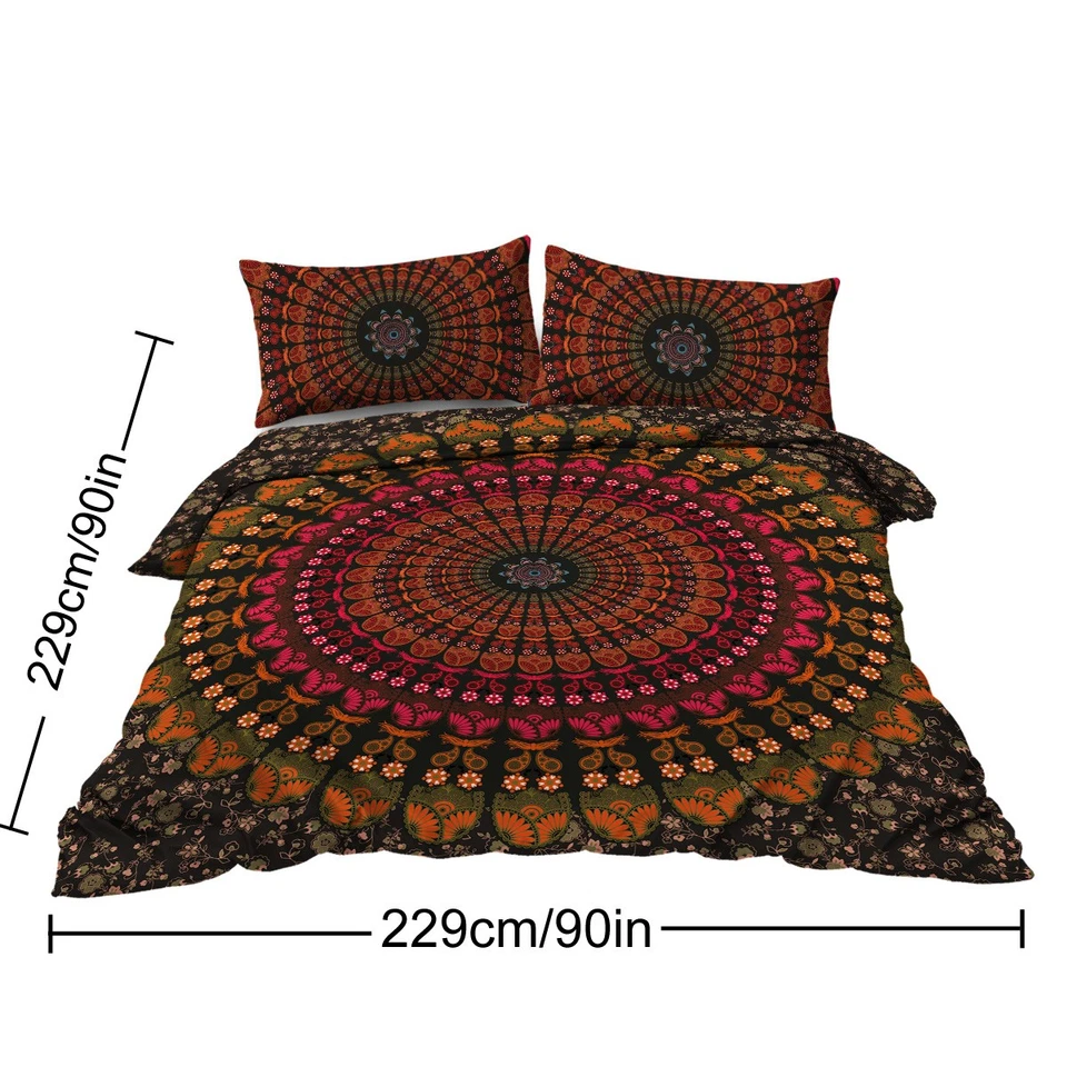 Conjunto de capa de edredom boêmio 3 peças com 2 fronhas preto laranja mandala conjunto de cama - Imagem 2 de 4