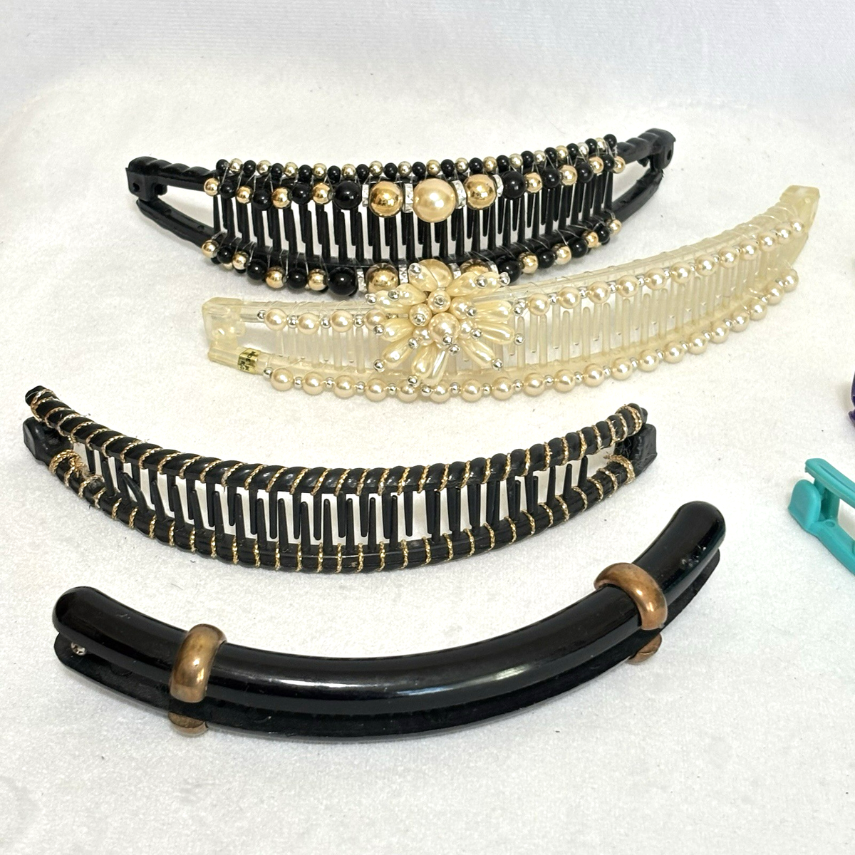 Vintage 90s Banana Hair Clips Lot Plastic Black Beaded Barrettes
