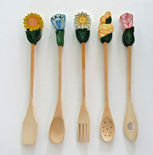 VTG.  NEW Hand Painted Wooden Flower Handles Kitchen Utensils lot of 5 