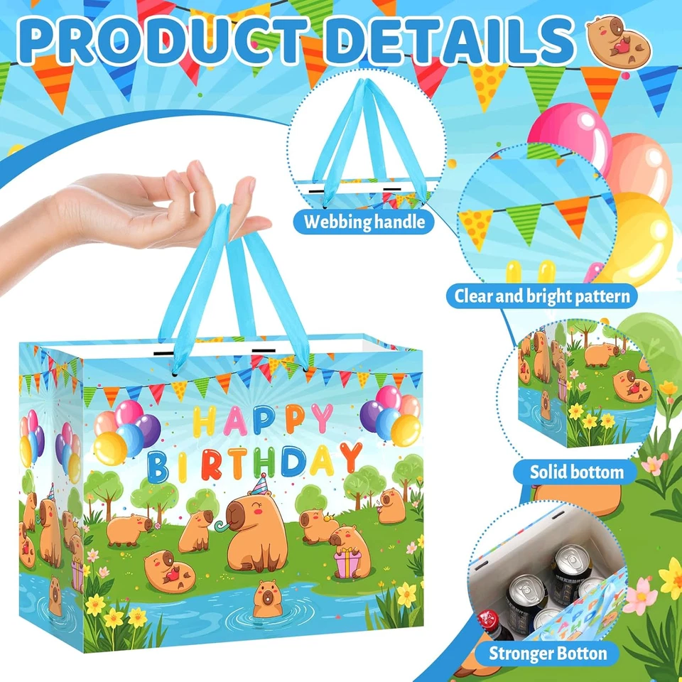 大号 Capybara 生日礼品袋,可爱 Capybara 包装纸袋黄色 Capybar — 第 3/4 张图片