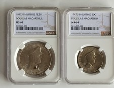 1947 Philippines One Peso Silver +Fifty Centavos Silver NGS MS 64