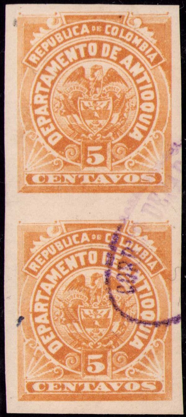 COLOMBIA - ANTIOQUIA - 5c IMPERF USED PAIR - Sc 104v - 1896 RRR